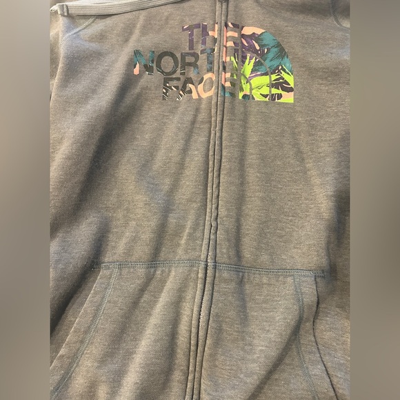 The North Face Womens large Gray Full Zip Hoodie Sweatshirt Tropical Print Logo - Picture 9 of 11